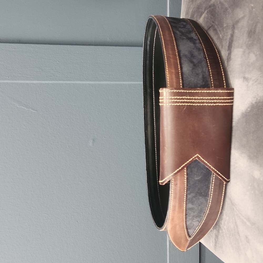 Christian Doir Blue Suede Wide Belt Trimmed in Brown Leather  Sz M/L - Picture 11 of 16